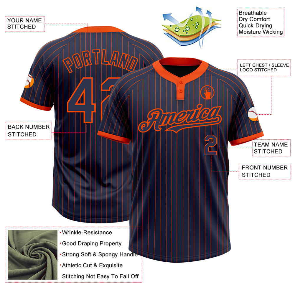 Custom Navy Orange Pinstripe Orange Two-Button Unisex Softball Jersey