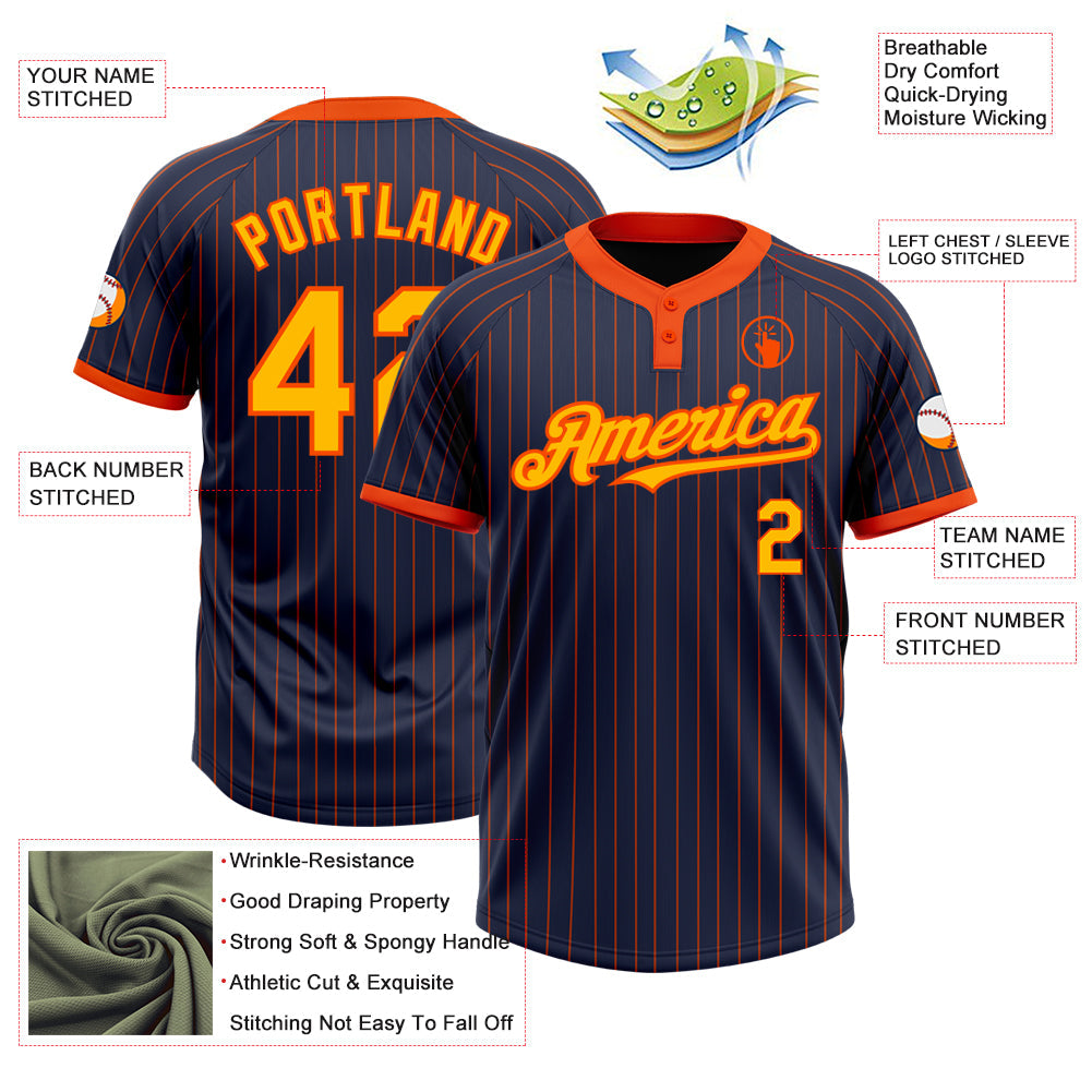 Custom Navy Orange Pinstripe Gold Two-Button Unisex Softball Jersey