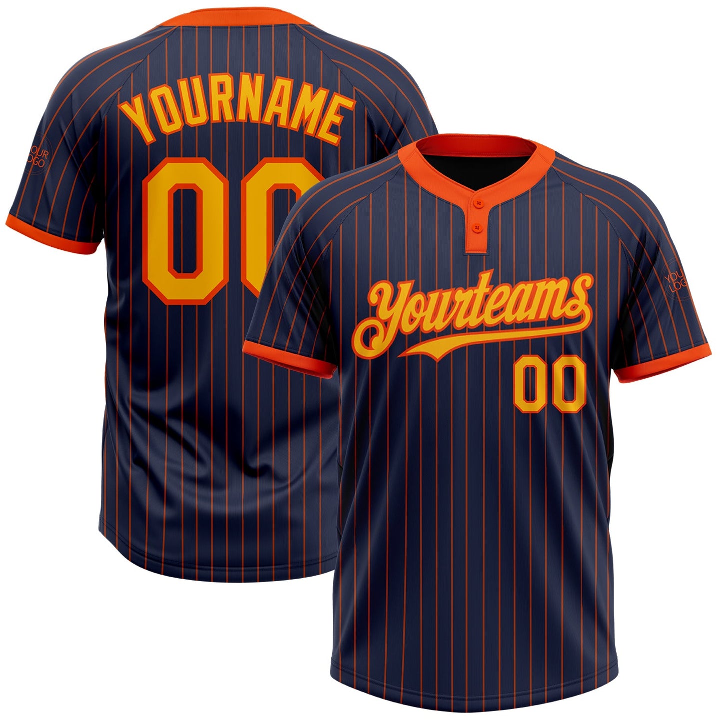 Custom Navy Orange Pinstripe Gold Two-Button Unisex Softball Jersey