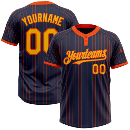 Custom Navy Orange Pinstripe Gold Two-Button Unisex Softball Jersey