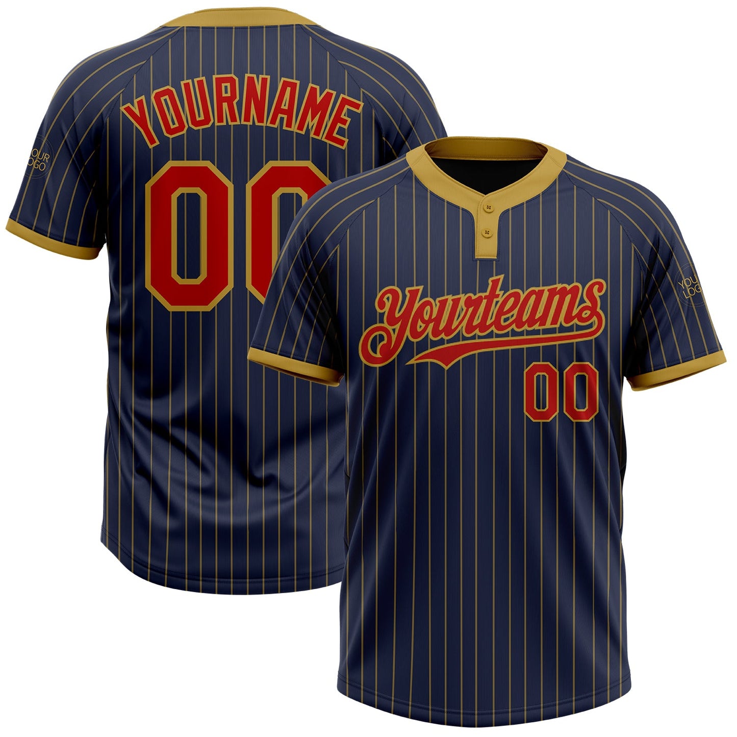 Custom Navy Old Gold Pinstripe Red Two-Button Unisex Softball Jersey