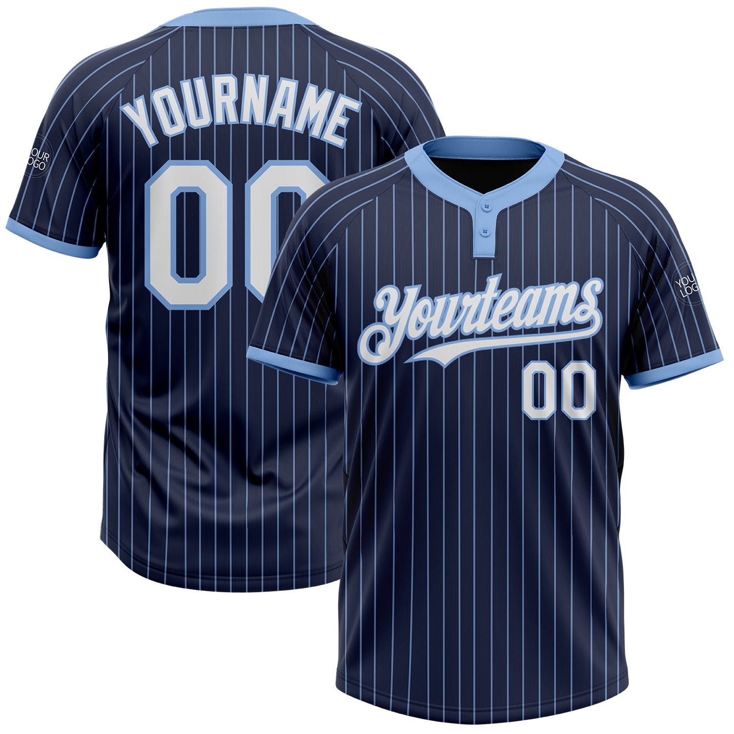 Custom Navy Light Blue Pinstripe White Two-Button Unisex Softball Jersey