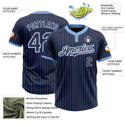 Custom Navy Light Blue Pinstripe White Two-Button Unisex Softball Jersey