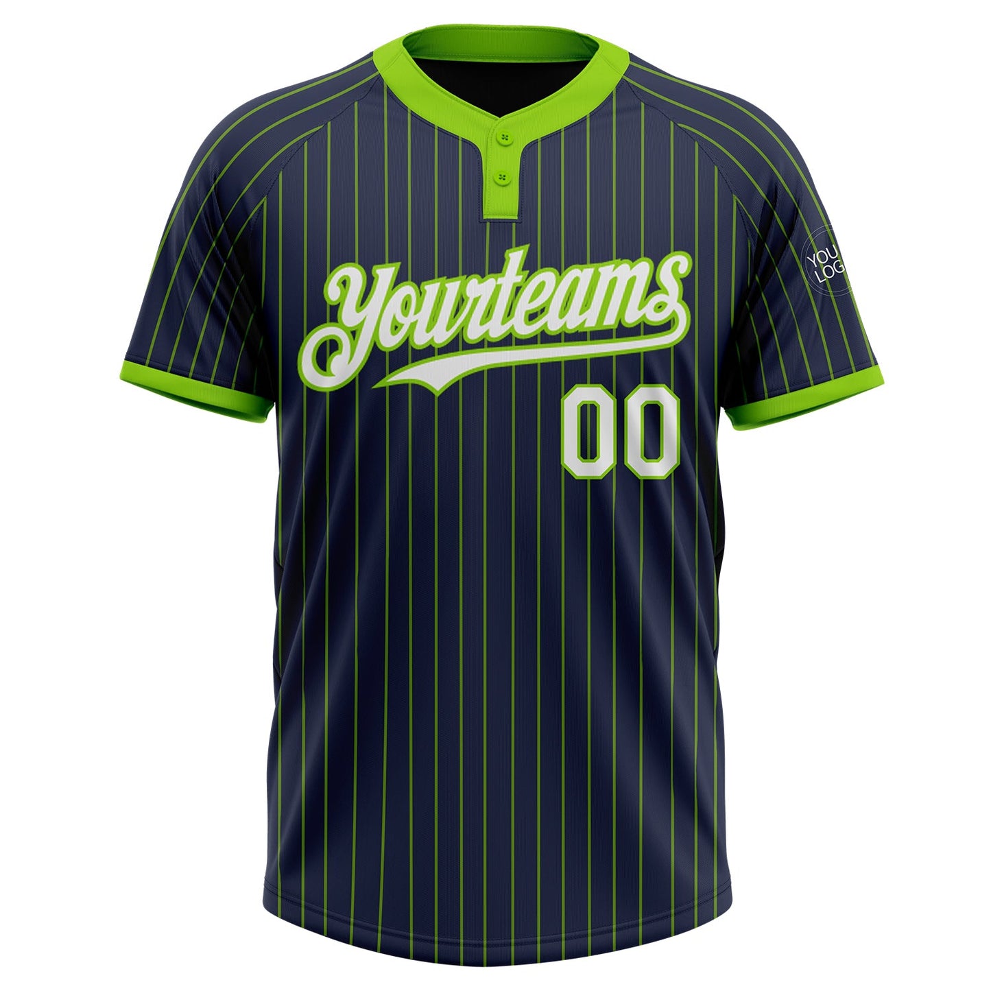 Custom Navy Neon Green Pinstripe White Two-Button Unisex Softball Jersey