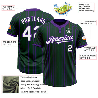 Custom Green Purple Pinstripe White Two-Button Unisex Softball Jersey