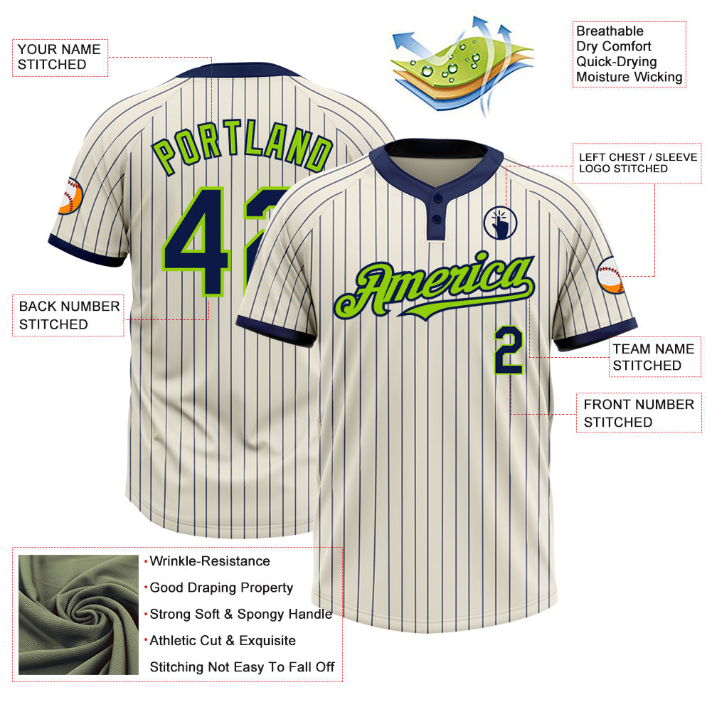 Custom Cream Navy Pinstripe Neon Green Two-Button Unisex Softball Jersey