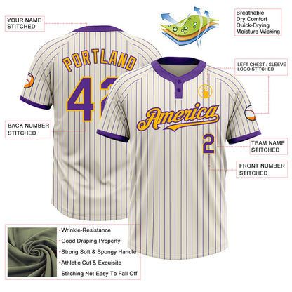 Custom Cream Purple Pinstripe Gold Two-Button Unisex Softball Jersey