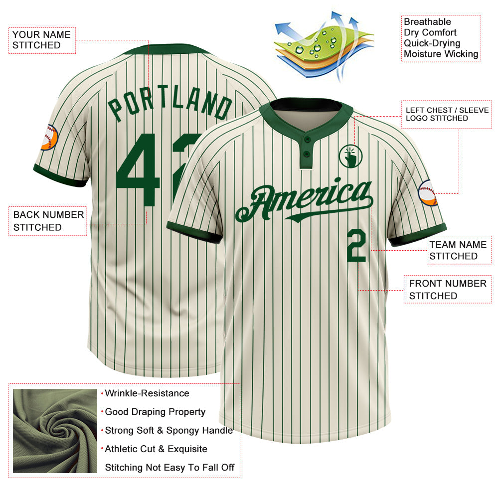 Custom Cream Green Pinstripe Green Two-Button Unisex Softball Jersey