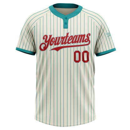 Custom Cream Teal Pinstripe Red-Gray Two-Button Unisex Softball Jersey