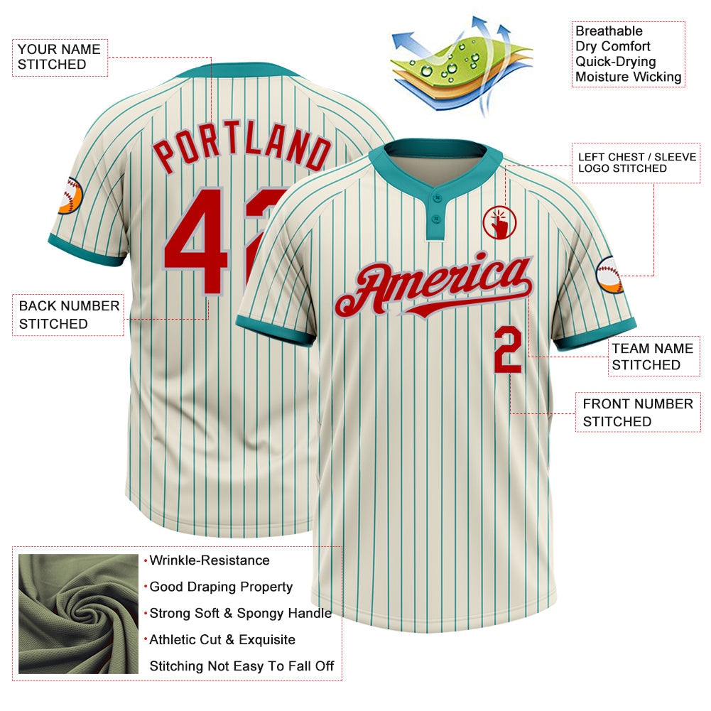 Custom Cream Teal Pinstripe Red-Gray Two-Button Unisex Softball Jersey