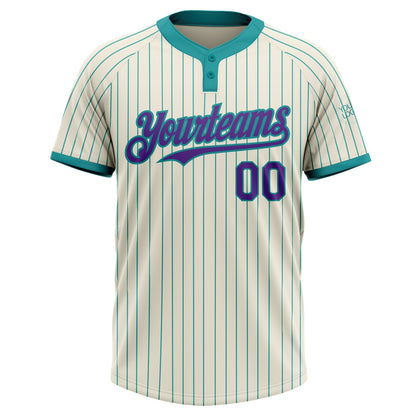 Custom Cream Teal Pinstripe Purple Two-Button Unisex Softball Jersey