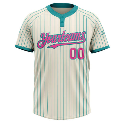 Custom Cream Teal Pinstripe Pink Two-Button Unisex Softball Jersey