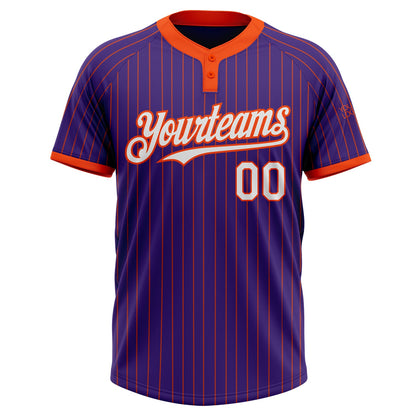 Custom Purple Orange Pinstripe White Two-Button Unisex Softball Jersey