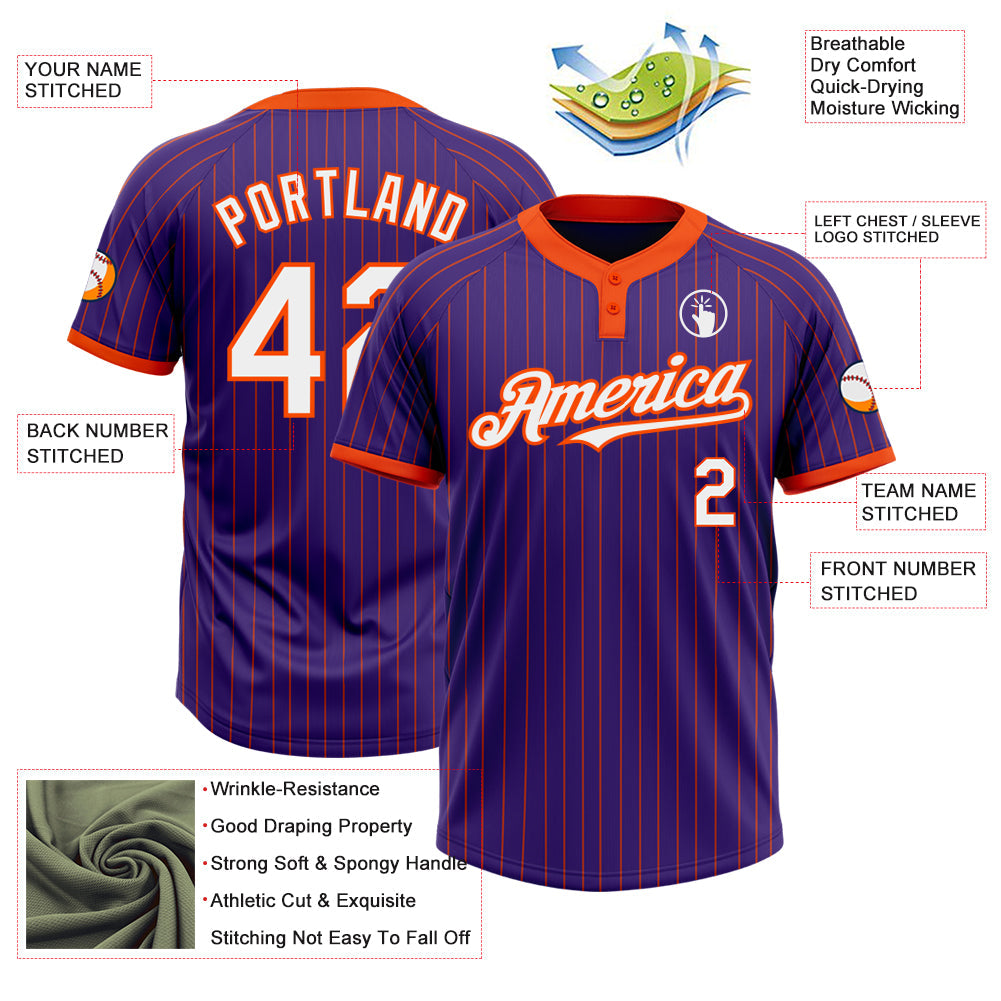 Custom Purple Orange Pinstripe White Two-Button Unisex Softball Jersey