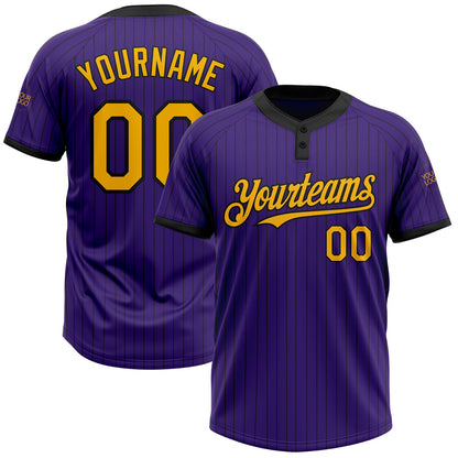 Custom Purple Black Pinstripe Gold Two-Button Unisex Softball Jersey