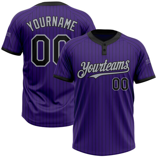 Custom Purple Black Pinstripe Gray Two-Button Unisex Softball Jersey