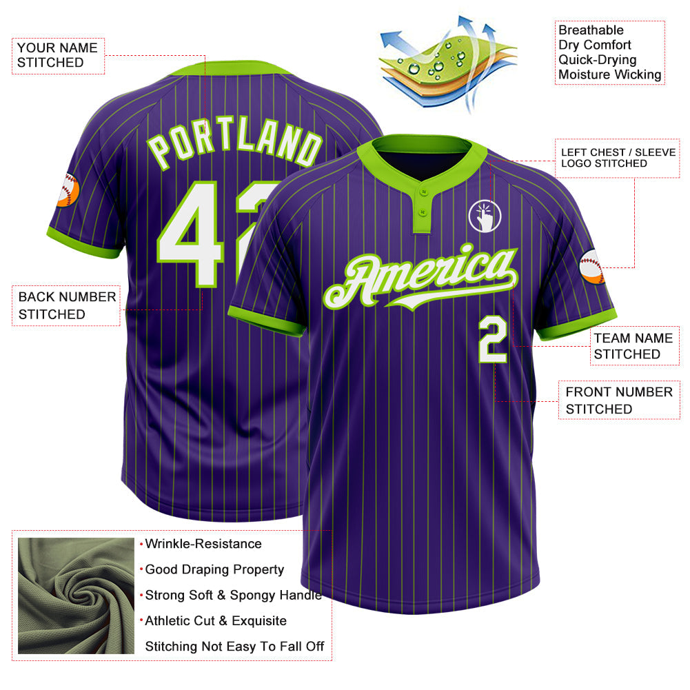 Custom Purple Neon Green Pinstripe White Two-Button Unisex Softball Jersey