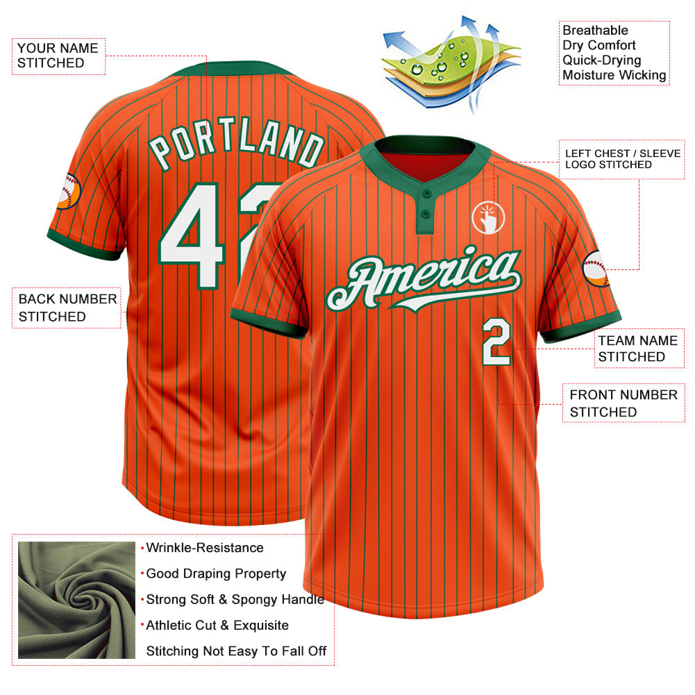 Custom Orange Kelly Green Pinstripe White Two-Button Unisex Softball Jersey