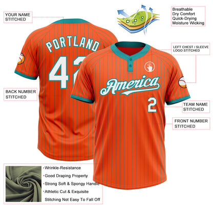 Custom Orange Teal Pinstripe White Two-Button Unisex Softball Jersey