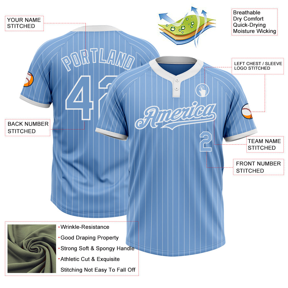 Custom Light Blue White Pinstripe White Two-Button Unisex Softball Jersey