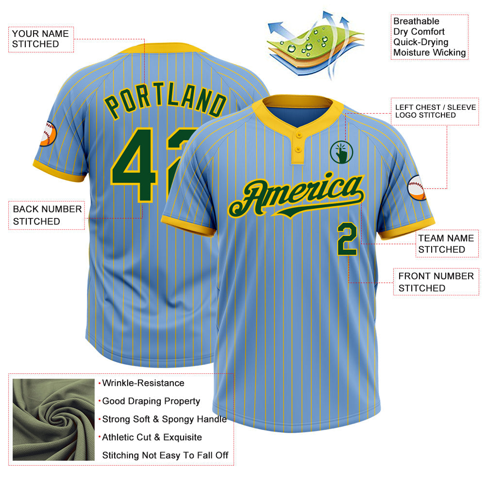 Custom Light Blue Yellow Pinstripe Green Two-Button Unisex Softball Jersey