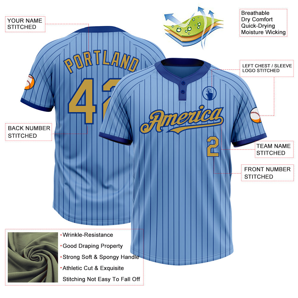 Custom Light Blue Royal Pinstripe Old Gold Two-Button Unisex Softball Jersey