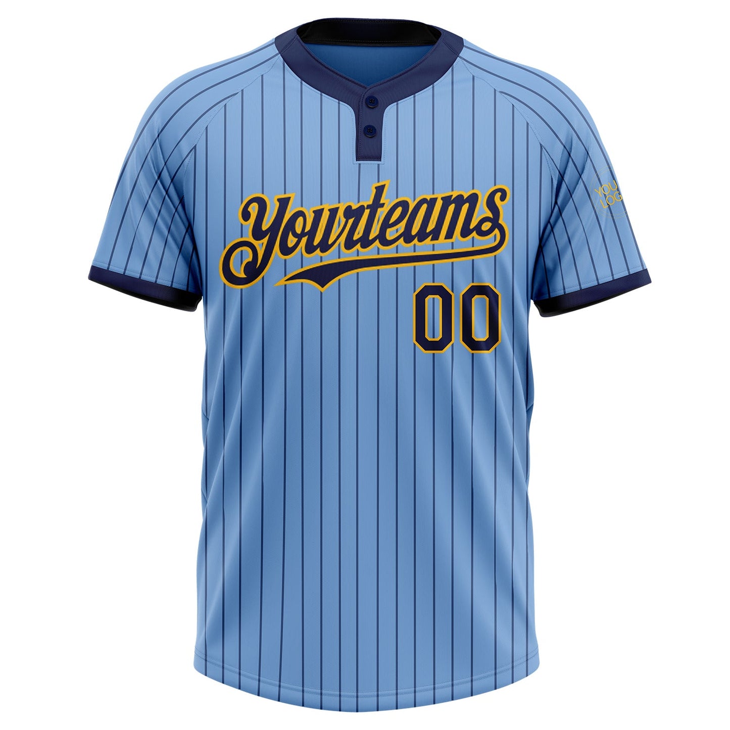 Custom Light Blue Navy Pinstripe Gold Two-Button Unisex Softball Jersey