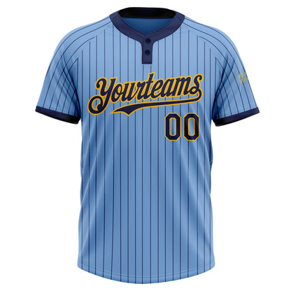 Custom Light Blue Navy Pinstripe Gold Two-Button Unisex Softball Jersey