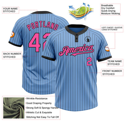 Custom Light Blue Black Pinstripe Pink Two-Button Unisex Softball Jersey