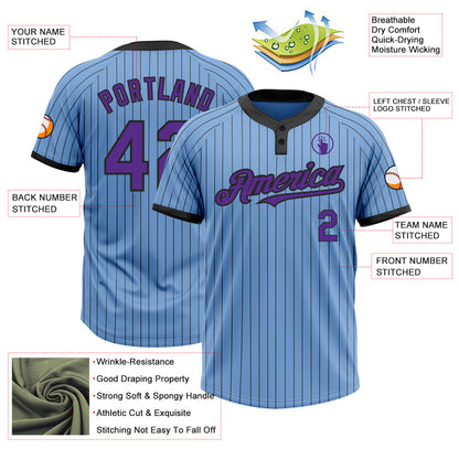 Custom Light Blue Black Pinstripe Purple Two-Button Unisex Softball Jersey