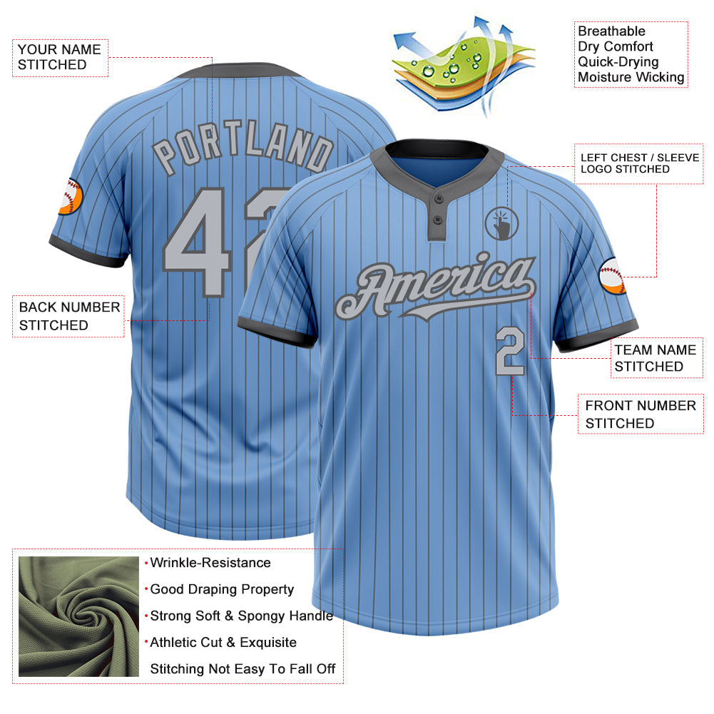 Custom Light Blue Steel Gray Pinstripe Gray Two-Button Unisex Softball Jersey