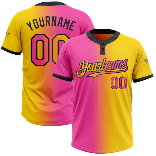 Custom Yellow Pink-Black Gradient Fashion Two-Button Unisex Softball Jersey