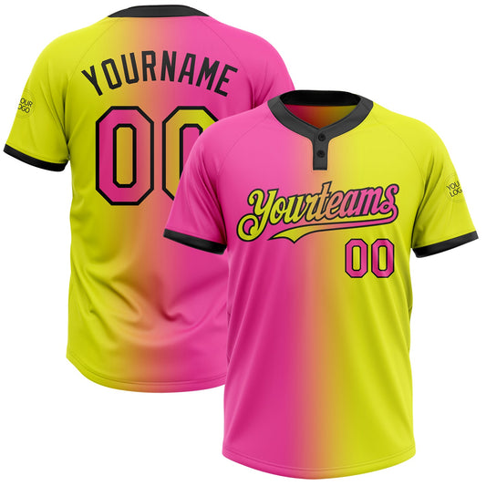Custom Neon Yellow Pink-Black Gradient Fashion Two-Button Unisex Softball Jersey