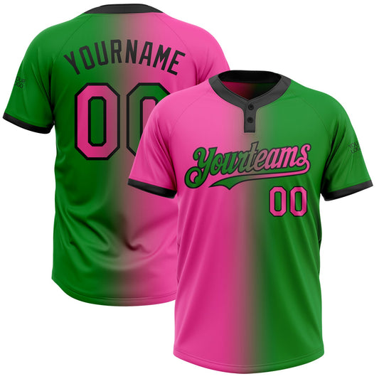 Custom Grass Green Pink-Black Gradient Fashion Two-Button Unisex Softball Jersey