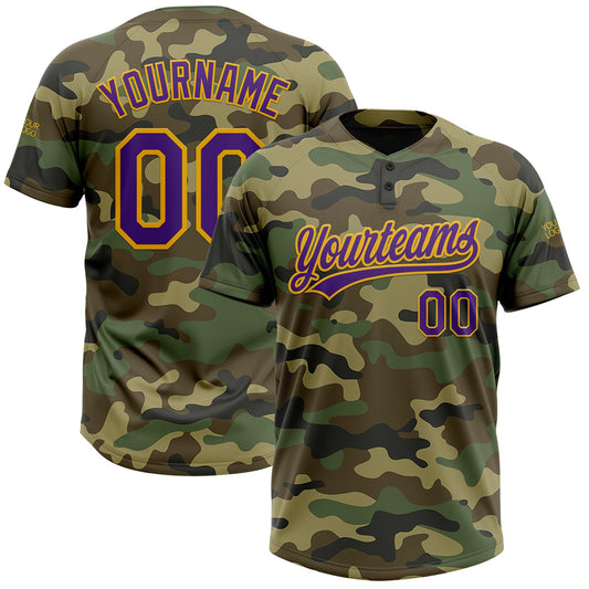 Custom Camo Purple-Gold Salute To Service Two-Button Unisex Softball Jersey