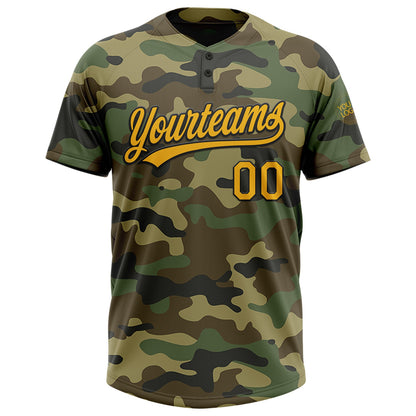 Custom Camo Gold-Black Salute To Service Two-Button Unisex Softball Jersey