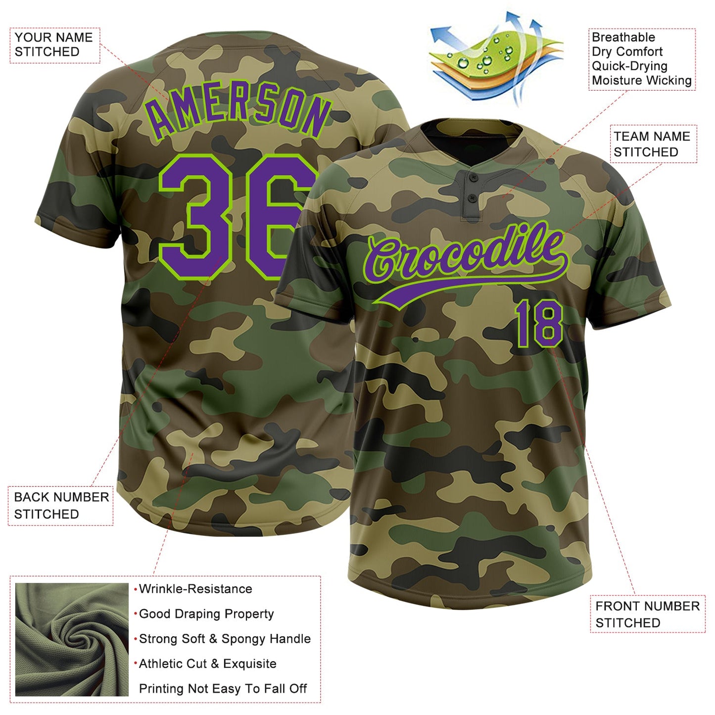 Custom Camo Purple-Neon Green Salute To Service Two-Button Unisex Softball Jersey