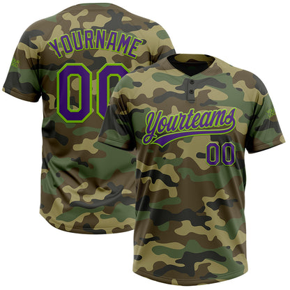 Custom Camo Purple-Neon Green Salute To Service Two-Button Unisex Softball Jersey