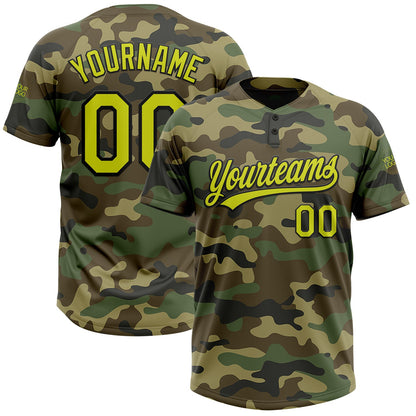 Custom Camo Neon Yellow-Black Salute To Service Two-Button Unisex Softball Jersey