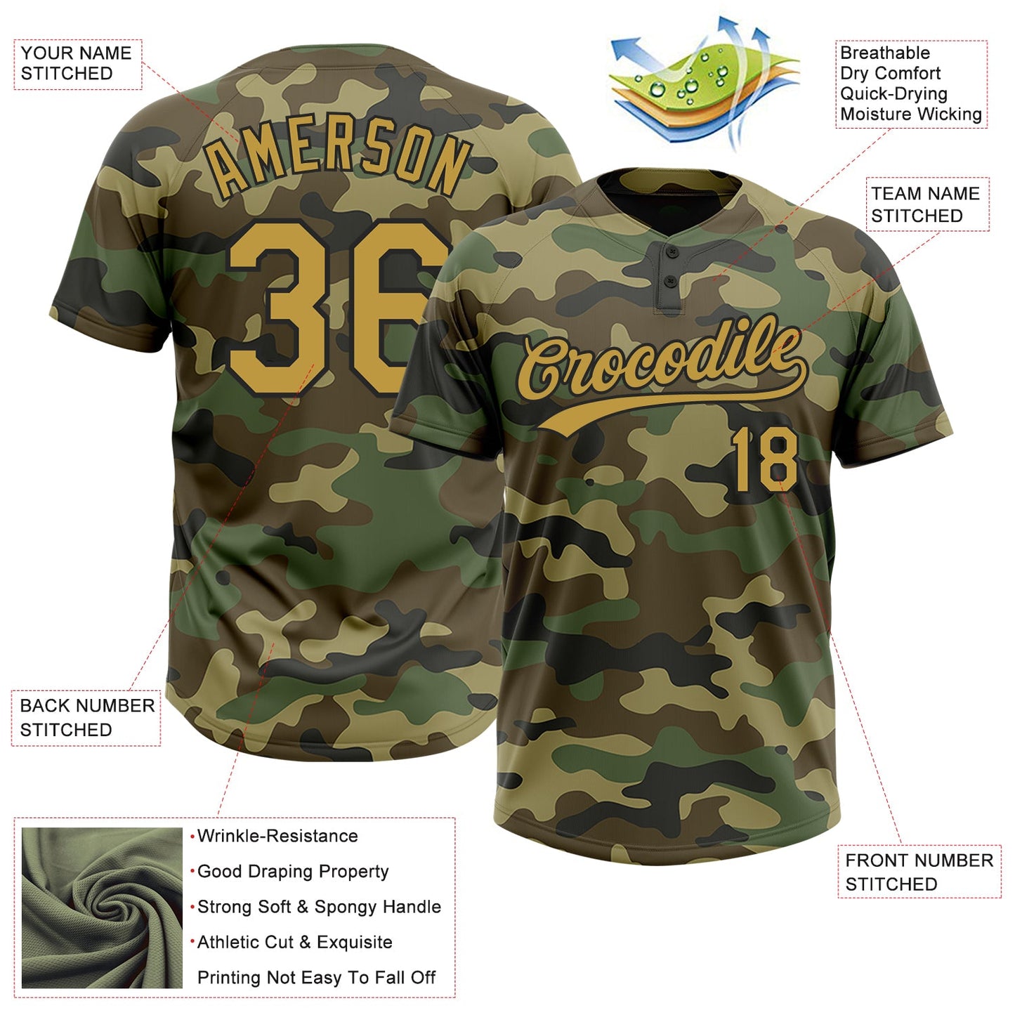 Custom Camo Old Gold-Black Salute To Service Two-Button Unisex Softball Jersey