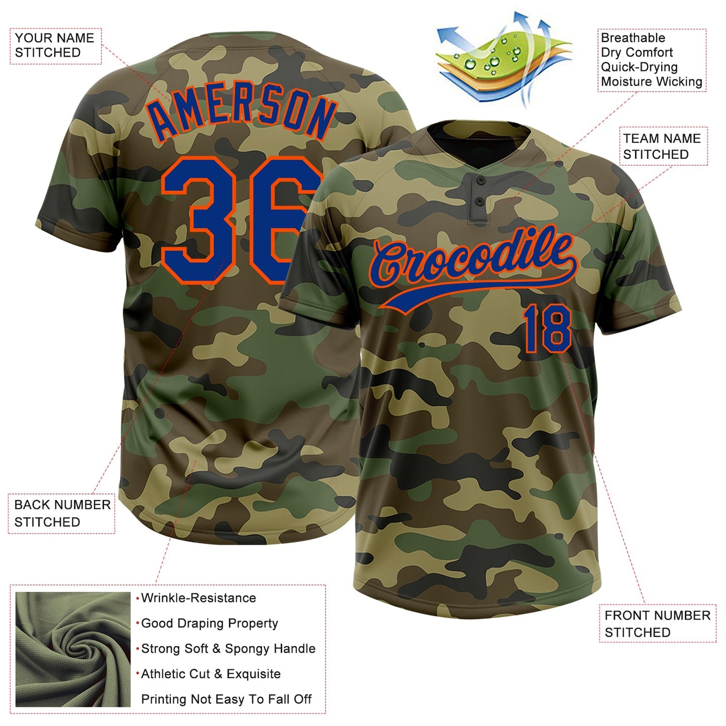 Custom Camo Royal-Orange Salute To Service Two-Button Unisex Softball Jersey