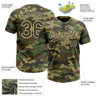 Custom Camo Olive-Cream Salute To Service Two-Button Unisex Softball Jersey