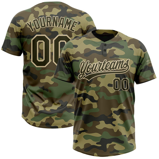 Custom Camo Olive-Cream Salute To Service Two-Button Unisex Softball Jersey