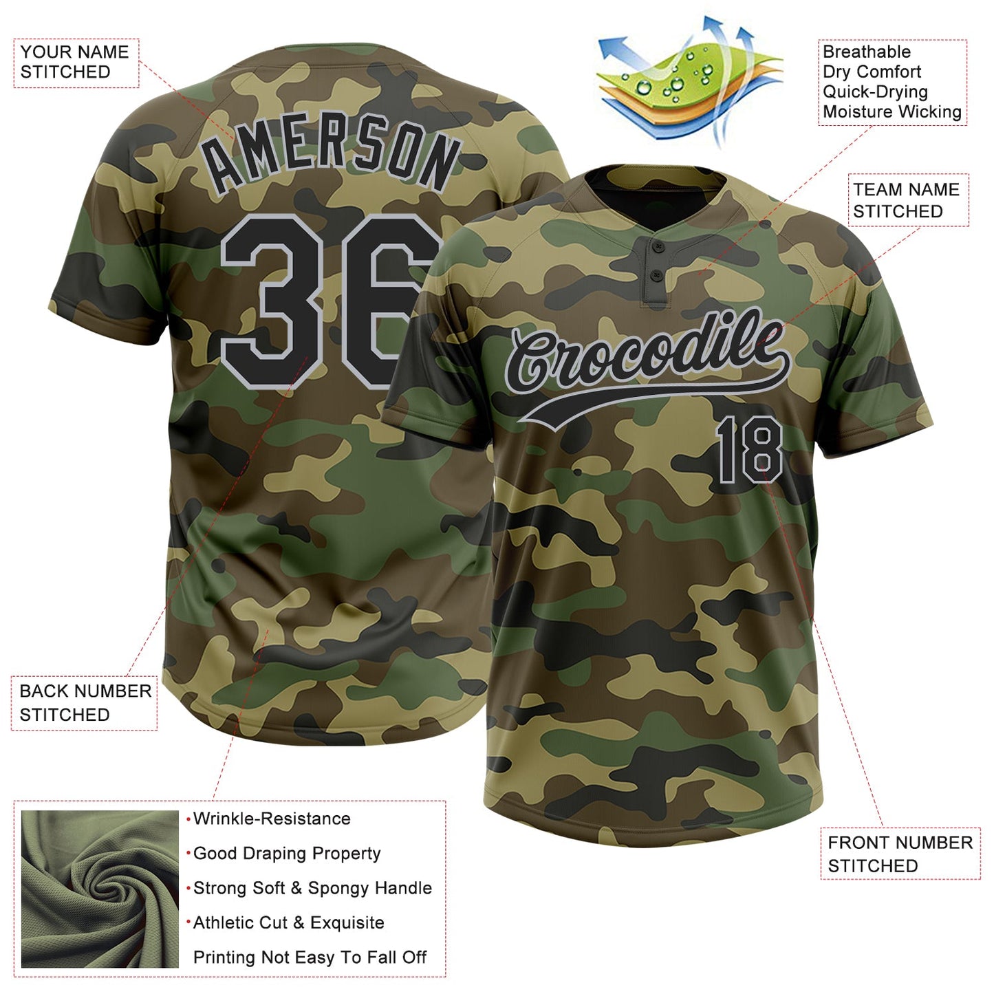 Custom Camo Black-Gray Salute To Service Two-Button Unisex Softball Jersey