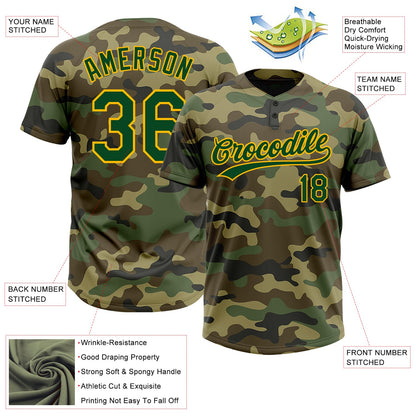 Custom Camo Green-Gold Salute To Service Two-Button Unisex Softball Jersey