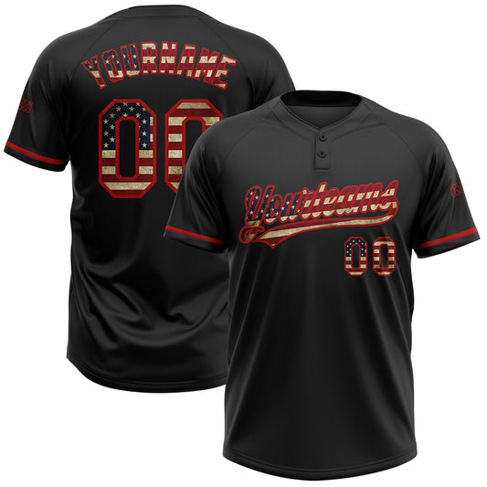 Custom Black Vintage USA Flag-Red Two-Button Unisex Softball Jersey