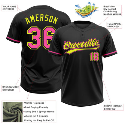 Custom Black Pink-Neon Yellow Two-Button Unisex Softball Jersey
