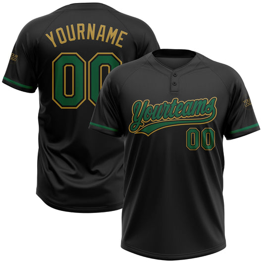 Custom Black Kelly Green-Old Gold Two-Button Unisex Softball Jersey