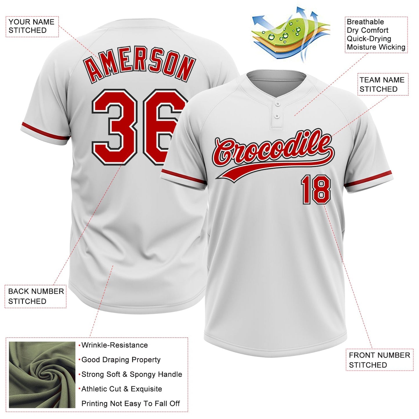 Custom White Red-Black Two-Button Unisex Softball Jersey