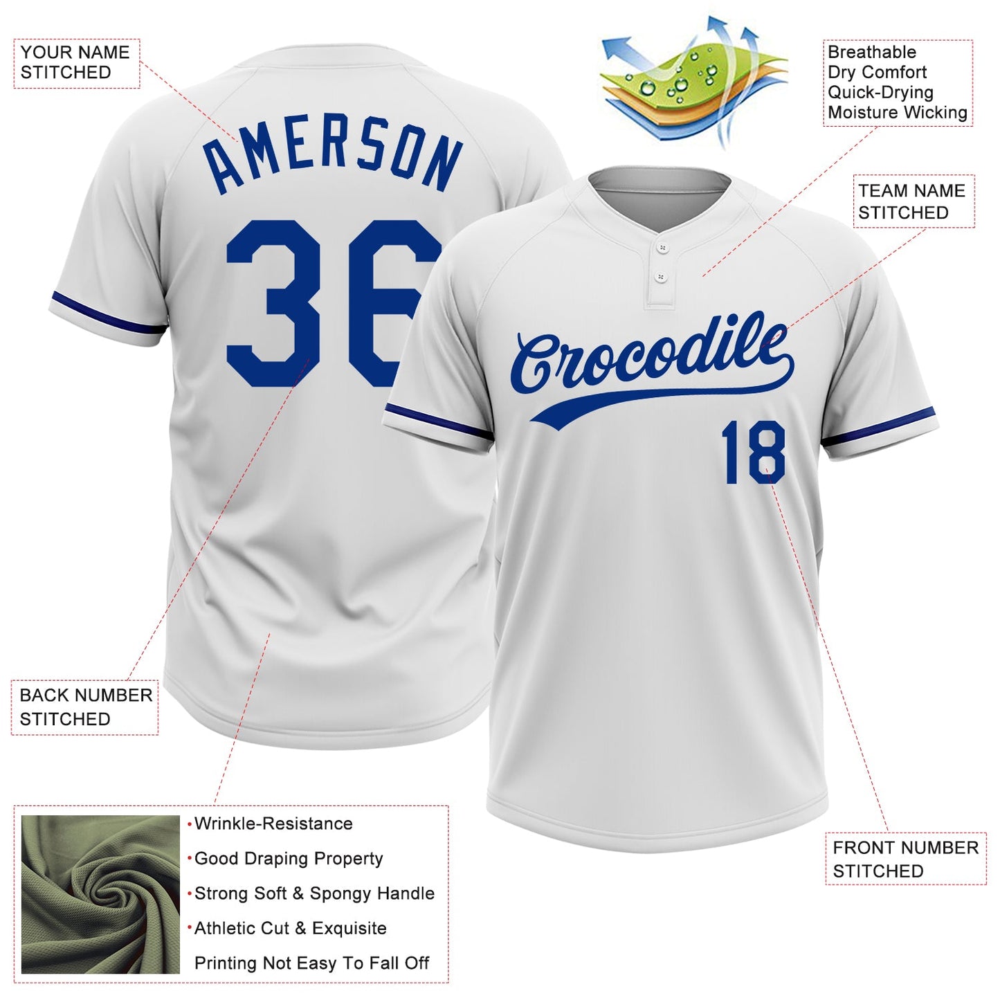 Custom White Royal Two-Button Unisex Softball Jersey